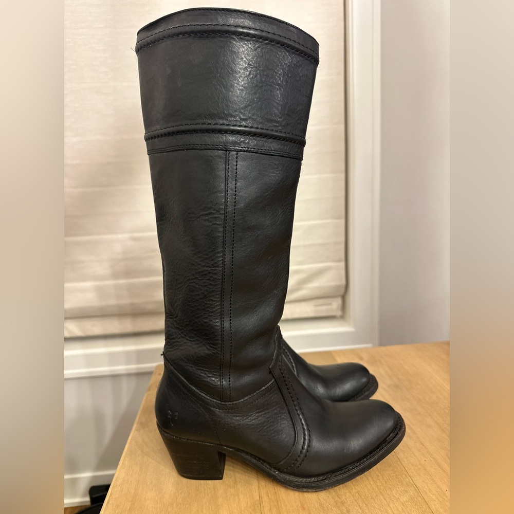 Frye Jean Tall Pull On Boot Black Over The Knee Leather Block Heel Womens 8 B